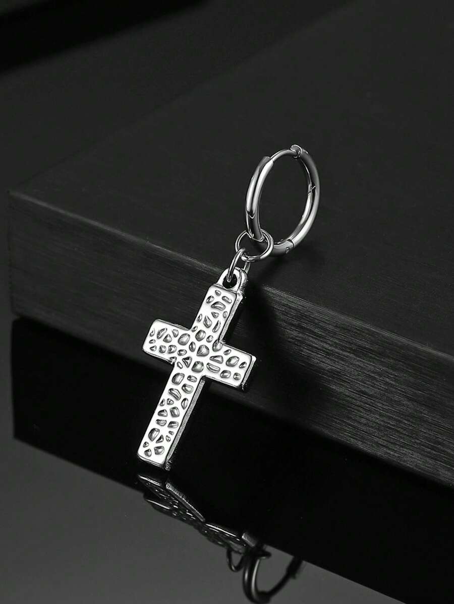 1pc Stainless Steel Hammered Cross Pendant, Unisex Personalized Earring - Silver - View 1