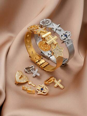 1pc Multi-Color Fashionable Copper Zirconia Lightning Bolt & Heart Decor Stainless Steel Mesh Adjustable Bracelet, Gift For Valentine's Day, Mother's Day, Suitable For Daily Wear For Women