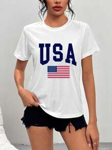 Damen lässiges Lässig Kurzarm einfaches T-Shirt mit Buchstaben- und USA-Flaggen-Muster-Druck - geeignet für den Sommer
