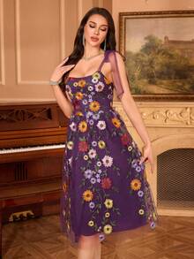 欧美时尚女式 3D 花卉刺绣蝴蝶结细肩带甜美优雅收腰 A 字形网眼连衣裙，适合生日派对、聚会、舞会礼服、舞会礼服