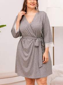 1 Peça Camisola Longa de Manga Comprida para Mulheres Plus Size, Elegante com Renda Recortada e Amarração, Malha, Primavera/Verão