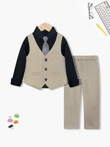 男孩新西裝套裝，花童婚禮服裝，表演服飾，英式男孩表演西裝三件套，含背心、長褲與領帶 - 駝色 - 查看 3