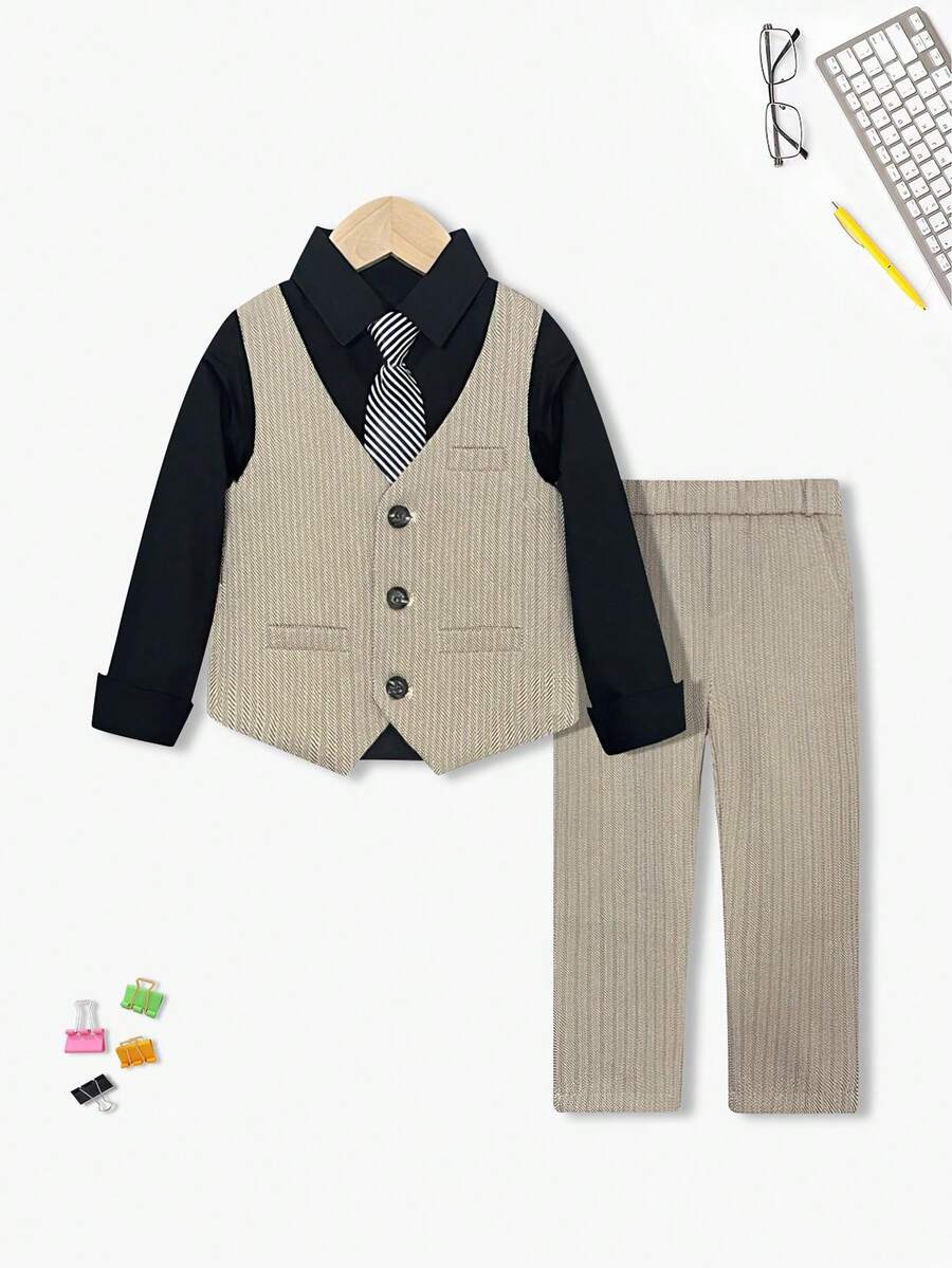 New Boys' Suit Set, Flower Boy Wedding Outfit, Performance Costume, British Style Boys' Performance Suit 3 Pieces Set With Vest, Pants And Tie