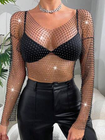 Top sexy para fiesta de mujer con escote en V transparente, hombros caídos y mangas, con detalles de strass para el verano