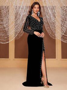 Elegant Women's Prom Gown With Long Sheer Sleeves, Deep V-Neck, Pearls And Rhinestone Embellishments, High Slit, High Stretch - Black - View 3
