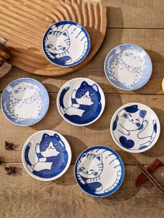 1/4pcs Japanese Style Ceramic Dessert Sauce Dish Tableware Creative Cute Cartoon Lucky Cat Pattern Water Drop Shape Fruit Sushi Plates,School Supplies