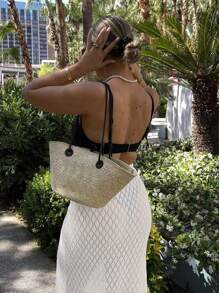 Falda recta de punto de unicolor, elegante y sexy con calados, estilo vacacional, de cintura alta elástica, de ganchillo con calados, vestido de playa elástico, para primavera, verano y otoño