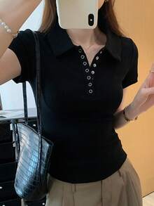 1pc Women Half-Button Polo Collar Fitted Short Sleeve T-Shirt, Unique Design Top - Black - View 4