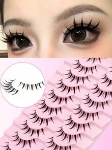 10 Pairs Dramatic Cartoon Wet Makeup V-Shaped False Eyelashes Extension - Natural Look, Pointed Cat Eye, Independent Cluster, Korean Style Anime False Eyelashes - Lightweight, Reusable, Easy To Apply Strip Lashes, Lashes, Eyelashes, Fake Lashes - Spiky Manga Lashes - View 1