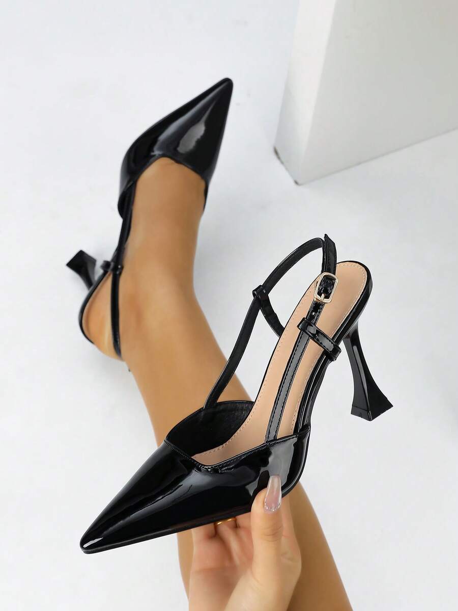 Fall/Winter 2025 Women's Patent Leather Pointed Toe High Heel Pumps With Buckle Decor, Claret, Elegant, Party Outfits