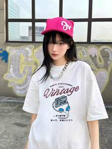 女士休闲白色日式印花短袖棉质 T 恤，宽松百搭 - 白色 - 查看 3