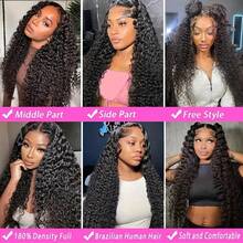 250% 13x4 Water Wave Lace Front Wigs Curly Wave Human Hair Wig Curly Lace Frontal Wig Wet And Wavy Lace Wig Natural Black Long Water Wave Lace Front Human Hair Wigs Plucked With Transparent HD Lace Front Wig #1B Natural Color - Natural Black - 查看 9