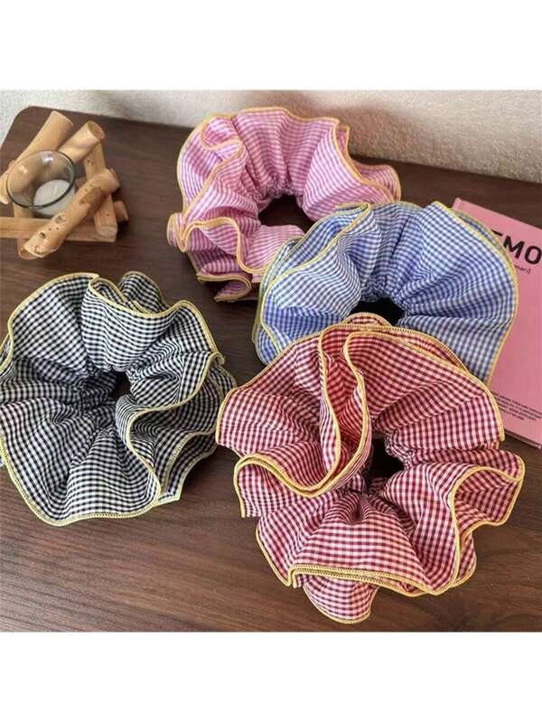 1 stuk Ins Style Colorblock geruite haarelastiek met ruches en laagjes, vintage romantische knotcover, modeaccessoires voor meisjes, haarelastiekjes, elastische haarband voor paardenstaarten, beautyaccessoires voor thuis.