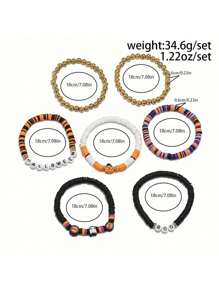 7pcs/Set New Halloween Themed Party Spooky Retro Pumpkin Polymer Clay Beaded Bracelet Set