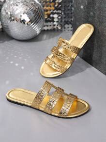 Women's Gold Flat Sandals, Summer New High-End Gladiator Sandals, Animal Print Design, Charming, Fashionable And Comfortable, Cool Party Style Women's Shoes Suitable For Outdoor Play,Sparkly Sandals,Suitable For Vacation And Beach Fun Gold Flat Slippers,Crocodile Pattern