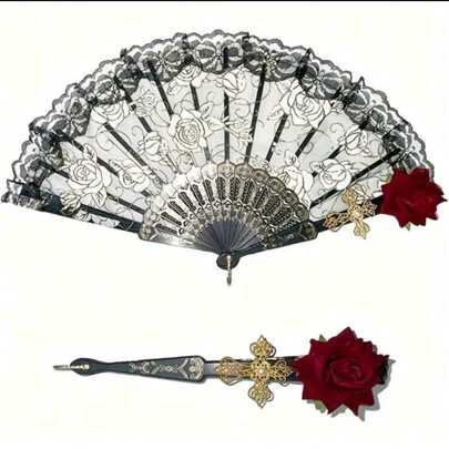 1 Elegant Retro Spanish Folding Fan With Rose Lace Design - Perfect For Women's Parties, Weddings, And Gifts