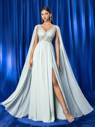 Kexmon Elegant & Luxurious Mint Green Chiffon Embroidered Floral Oversized Sleeve Formal Evening Gown, Prom Dress, For Wedding Guest, Graduation, Dinner