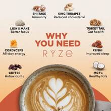 RYZE Mushroom Coffee USDA Organic With 6 Adaptogenic Mushrooms And MCT Oil, USA Grown Instant Coffee For Better Energy, Focus.Digestion, Immunity With Cordyceps, Lion's Mane.Turkey Tail, 30 Servings
