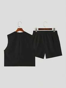 INCERUN Men V-Neck Buttons Sleeveless Tank Tops Vest Shorts Pants Summer Holiday Casual 2PCS Sets Outfits - màu đen - Xem 5