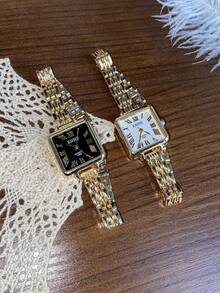 1 件石英锌合金复古方形金色表盘简约表带腕表，适合日常佩戴 - 均碼 - 查看 5