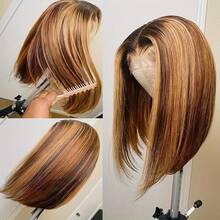 220% Highlight Bob Wig Straight HD Lace Short Bob Wig Human Hair Chocolate Brown 13x4 Lace Closure Wig Ombre 4/27 Straight Lace Front Wig Pre Plucked Honey Blond  For Girls Colored Brazilian Human Hair Wigs For Women Baby Hair - SP4/27 - 查看 2