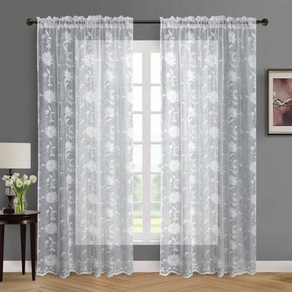 2 Panels Jacquard Floral Lace Sheer Curtain