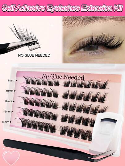 60pcs C-Curl Self-Adhesive Individual Lashes Set, 8-16mm Faux Mink Eyelashes DIY Extension Kit With Tweezers And Lash Curler, Glue-Free Cluster Lashes, Pointed Tips, Lash Extension, Lash Clusters, Individual Lashes