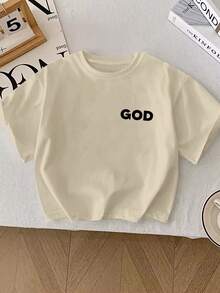 小男孩休闲可爱GOD字母印花圆领T恤，夏季 - 卡其色 - 查看 2