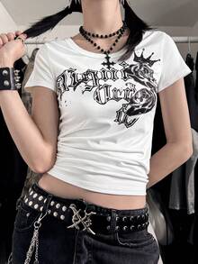 骷髅印花朋克复古女式 T 恤，90 年代哥特式性感美式审美短袖上衣，Y2K - 白色 - 查看 3