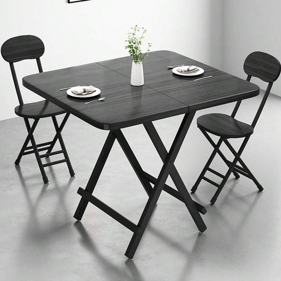 Folding Table & Chair Set Approx. 70*70*74cm Probasto Dining Table Folding Chair Pipe Chair Width 25*Depth 32*Height 77cm No Assembly Required Finished Product For Meals/Work/Remote Work 3-Piece Set - 黑色 - 查看 1