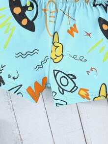 2 件套可爱时尚休闲男婴卡通熊字母图案无袖圆领 T 恤和短裤套装，春夏 - 藍色 - 查看 8