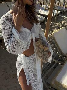 Women's Simple Elegant Vacation "Kimo/Wild Mischievous Girl" Style Cover Up, Spring/Summer - White - View 1