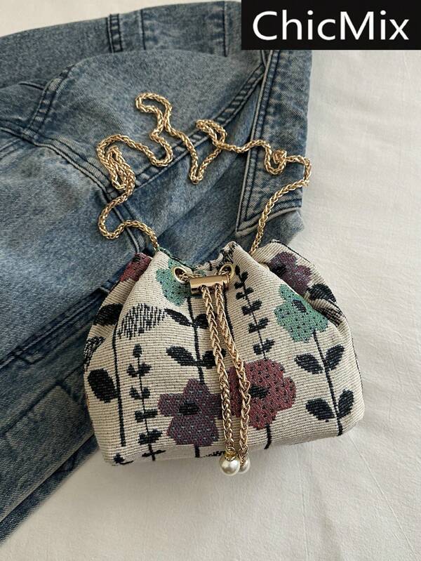 Colorblock Fabric Floral Embroidery Chain Strap Mini Bucket Crossbody Bag