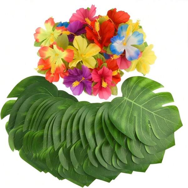 Tropical Palm Leaf Hibiscus Flower Artificial Plant Turtle Leaf Hawaiian Jungle Wedding Summer Party Table Decoration (Flower Color Is Random) Table Center Decoration
