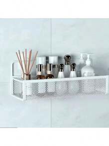 1pc Metal Wire Mesh Bathroom Storage Rack, Wall Mounted Kitchen Basket, No-Drill Shelf Organizer For Bathroom & Kitchen Back To School