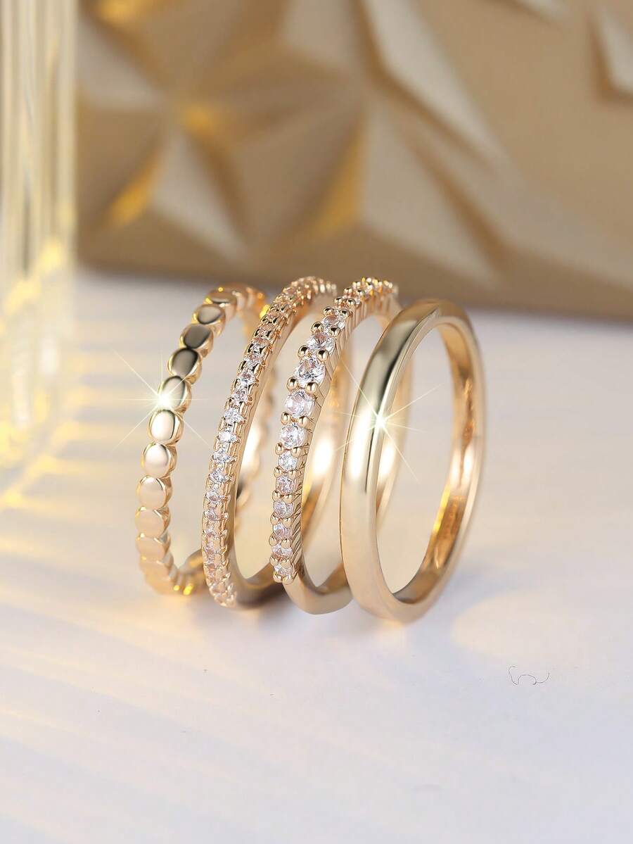 Tsnamer Bộ 4 chiếc nhẫn mỏng, tinh tế, có thể xếp chồng lên nhau, nhẫn cưới và nhẫn đính hôn đá Cubic Zirconia cổ điển, nhẫn cưới tối giản dành cho nữ, trang sức đeo hàng ngày, quà tặng ngày Valentine. - Bộ nhẫn bốn mảnh - Xem 1