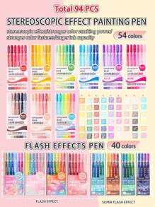 1 Set Of 94pcs Neutral Pen , Including 40 Pcs Burst Flash Color Neutral Pen And 54pcs Acrylic 3D Painting Gel Pens, Large Capacity, 1.0mm Stainless Steel Bullet Tip Design, Smooth Ink Flow,Suitable For Students Drawing, Highlighting,Note-Taking Back To School