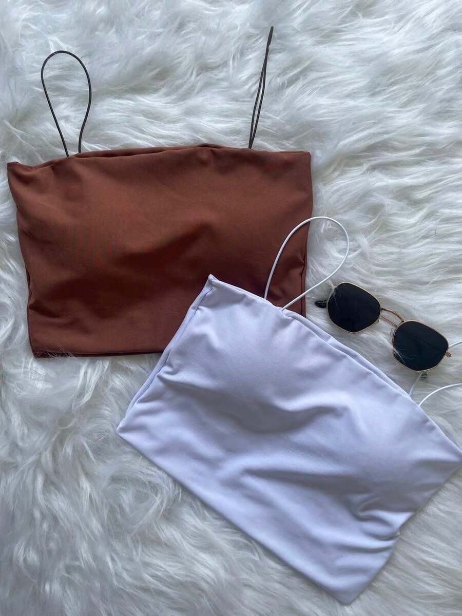 KIT 2 Cropped Straps Women's Fashion - 棕色和白色 - 查看 1