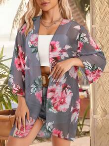 Women's Floral Print Kimono Loose Beachwear, For Summer Vacation - Grey - View 1