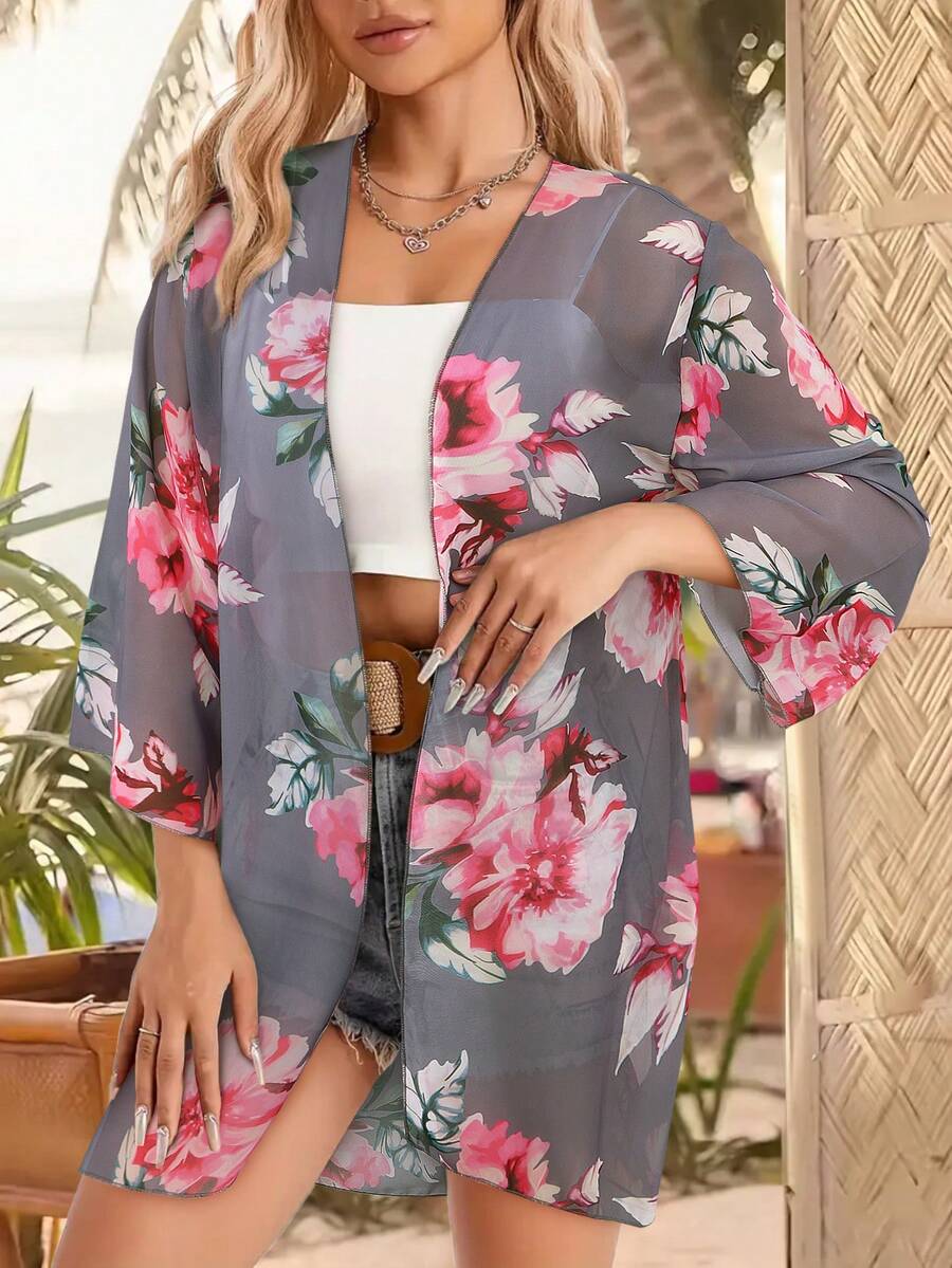 Women's Floral Print Kimono Loose Beachwear, For Summer Vacation - Grey - View 1