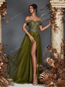 Olive Green Strapless Beaded Sequin Embellished Tulle Dress Beaded Gowns Formal Evening Party Dresses Gowns Wedding Guest Prom Dresses