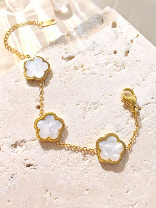 1pc Gold Stainless Steel Floral Elegant Fashion Bracelet, Suitable For Women Everyday Wear