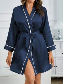 1pc Women's Solid Color Elegant Tied Robe, Lightweight, Sexy Short Bathrobe, Silk Satin Comfortable Sleepwear For Home Use, Fall - Navy Blue - View 3