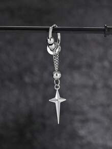 1 件不锈钢十字星吊坠链流苏钻球装饰男士耳环，时尚配饰 - 銀色 - 查看 2