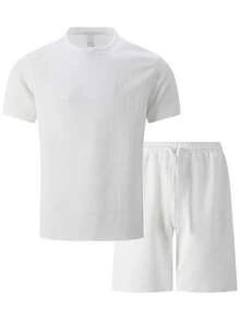 Men Casual Jacquard Crew Neck Short Sleeve T-Shirt + Shorts Set, Men Fashion Sports Short Sleeve & Shorts 2 Pieces Set - White - View 4