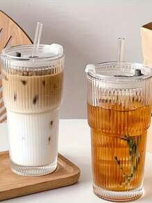 1 Pieza de Vaso de Agua de Gran Capacidad de 600ml/21oz, Nuevo Vaso de Vidrio de Verano para Mujeres con Tapa y Pajita, Vaso de Vidrio a Rayas Verticales (con Pajita y Tapa) Hermoso Vaso de Vidrio para Beber Café, Té, Leche, Americano Helado y Bebidas de Latte