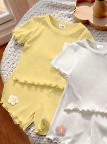 Set da 6 pezzi per neonata, nuova collezione estate, Maglietta a maniche corte con arricciatura ai polsi, motivo floreale ricamato, girocollo, pantaloncini corti, in tinta unita, stile casual di moda
