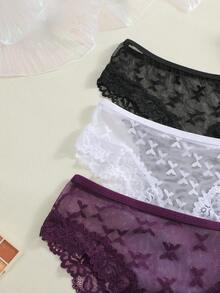 Set de 3 bragas cómodas y transpirables de tiro bajo y sexy con estampado de encaje de mariposa para mujeres - Multicolor - Ver 5