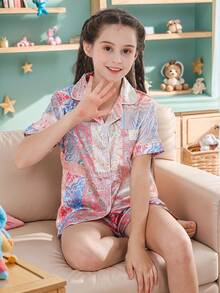 Cute Girl's Two Pieces Sets Pajama Open Button Top And Shorts Set - Pink - View 5
