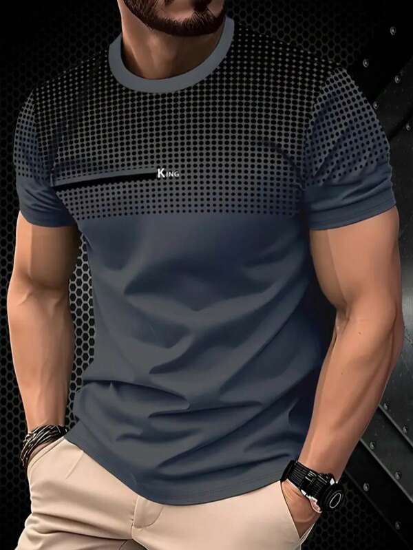 KOVSEE Men's Contrast Polka Dot & Letter Print Short Sleeve T-Shirt, Quick Dry Breathable Athletic Casual Sports Wear For Outdoor, Running, Basketball, Football, Daily Workout, Fitness, Gift For Boyfriend